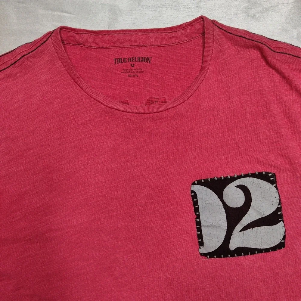 True Religion Men 3XL Red Double Sided Distressed '02 Logo Cotton‎ T-Shirt